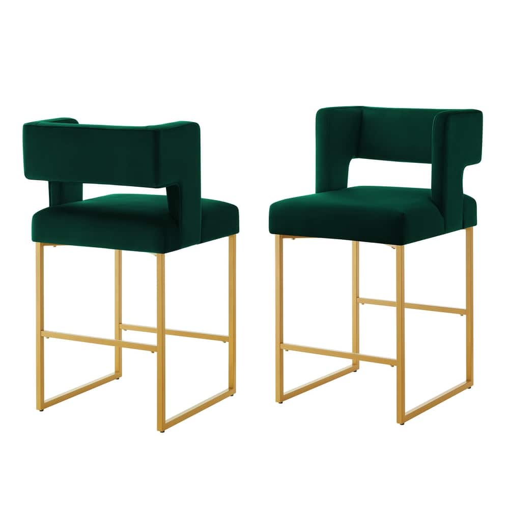 Counter Height Bar Stools Set of 2, Velvet Upholstered Bar Stools with Open Backrest, Breakfast Bar Chairs with Metal Footrest