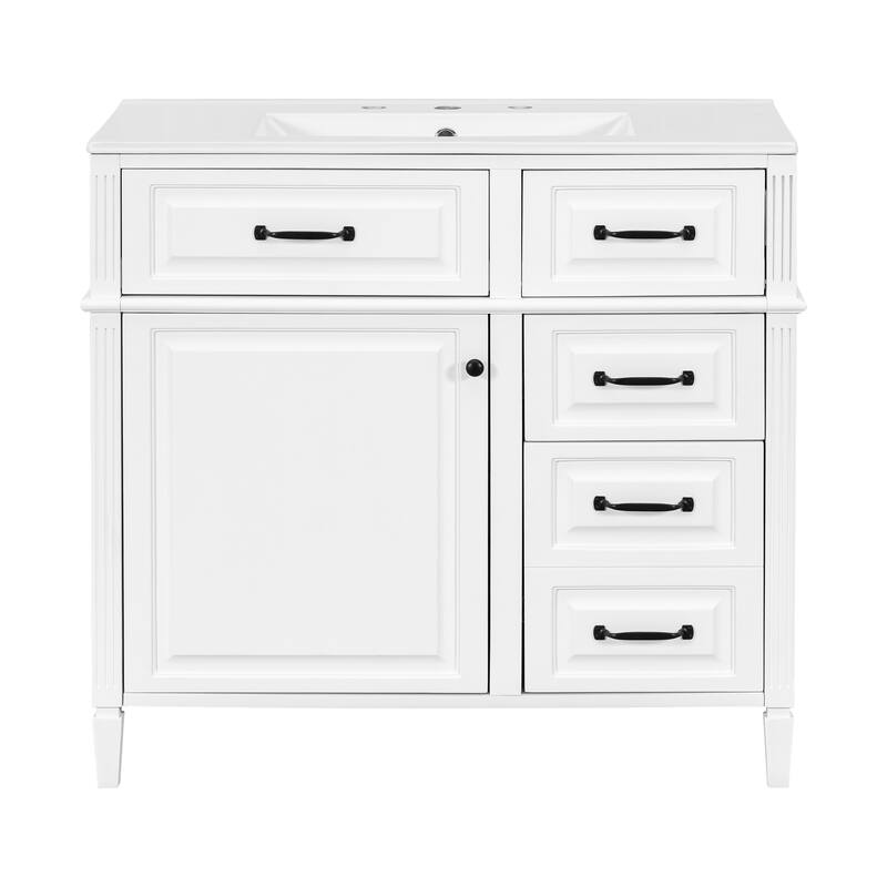 36-Inch Bathroom Vanity with Ceramic Sink Top, Solid Wood Frame and MDF Cabinet,with Adjustable Shelf and Metal Handles