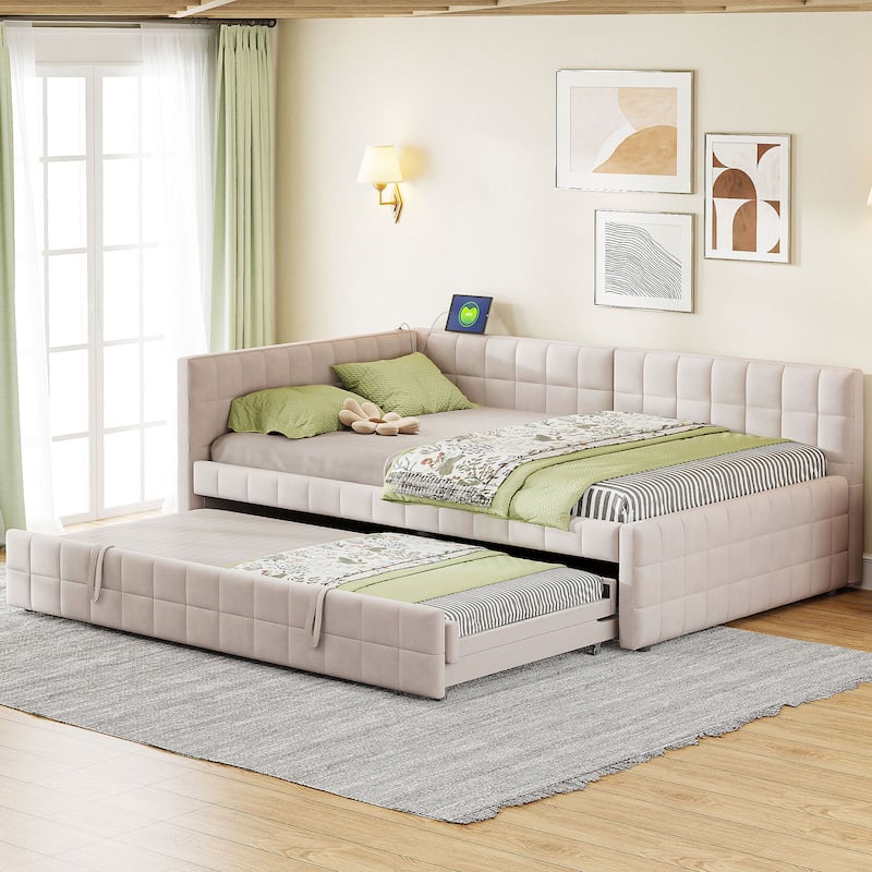 Full Size Upholstered Daybed with Hidden Twin Trundle and Dual USB Charging Ports, Lounge Sofa Bed Frame with L-Shaped Backrest - Beige - Full