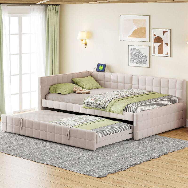 L-Shaped Upholstered Daybed with Pop Up Trundle, Checkered Tufted Sofa Bed Built-In USB Charging Ports, Full Sleeper Sofa Bed