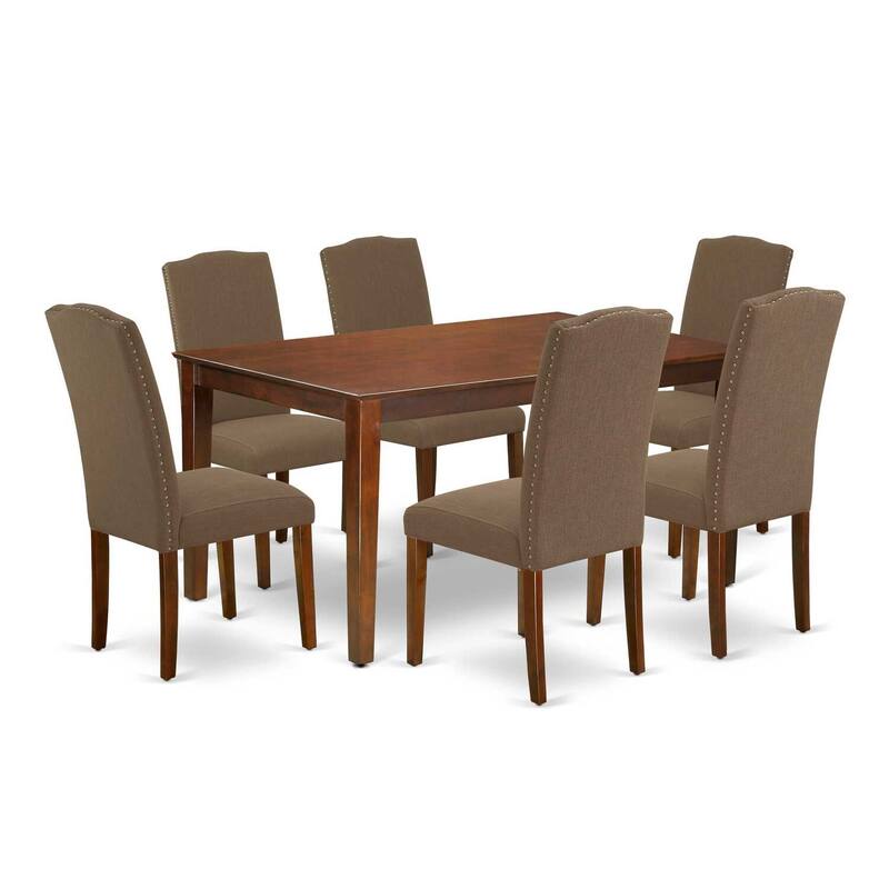 HomeStock 7-Piece Rectangle Mahogany Finish Solid Wood Top Dining Table with 6 Parson-Chairs with Lattice Back