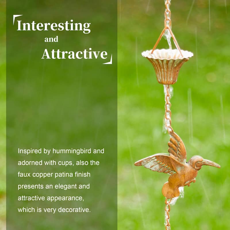 Glitzhome 8.5ft Faux Copper Gold Hummingbirds & Cups Rain Chain with V-Shaped Gutter Clip