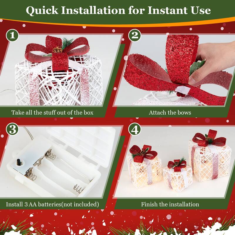 Costway Set of 3 Christmas Lighted Gift Boxes, Indoor Present Box - 9.5''x 9.5''x 10.5''(L x W x H)