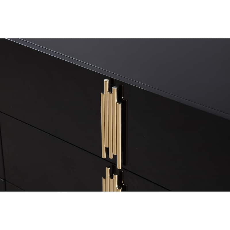 Cid Inji Dresser, 6 Drawers w Vertical Handles, 66 Inch, Glossy Black Wood