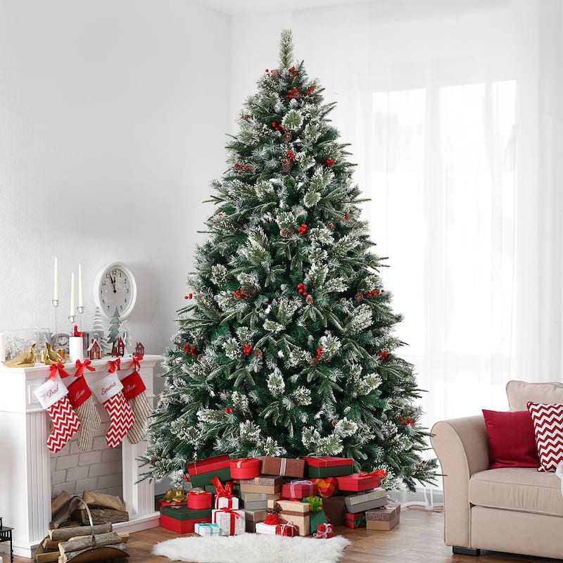 Artificial Snow Frosted Pre-Decorated Christmas Tree with Pinecones & Berries