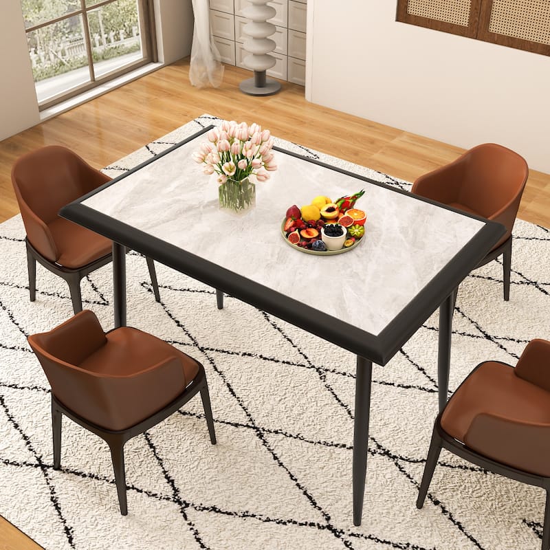 Sintered Stone Dining Table with Golden Metal Frame 4 Person Seating and Easy Maintenance - 44" x 28" x 30"