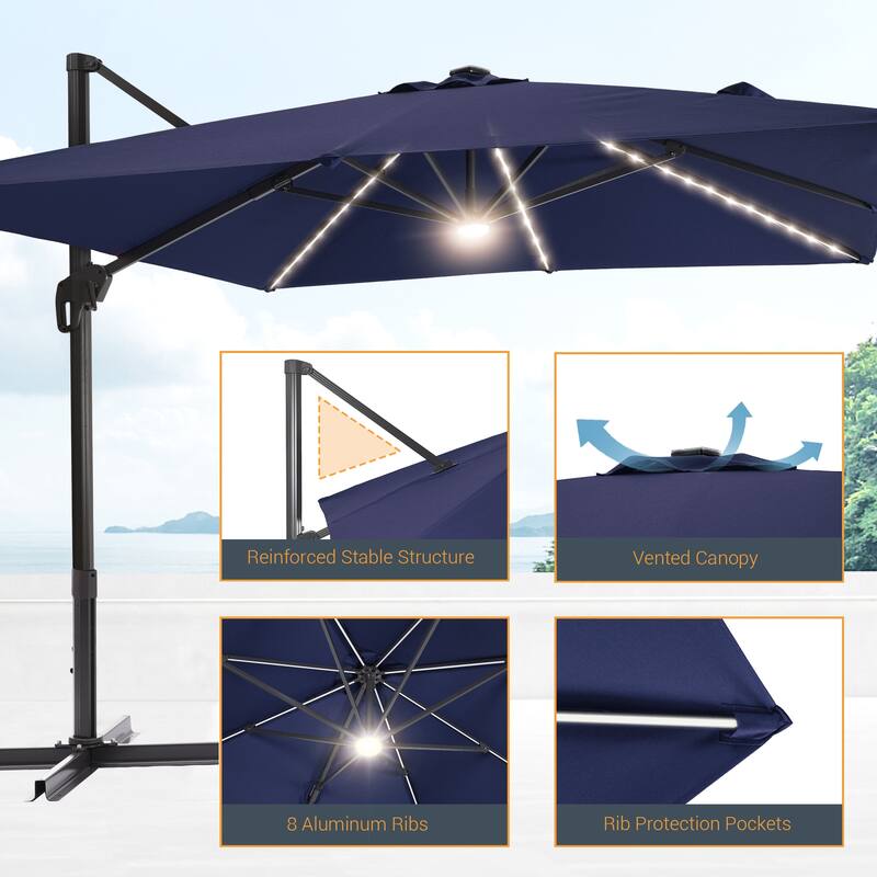 LIVOOSUN 11.5x9ft LED Cantilever Patio Umbrella with Cross Base