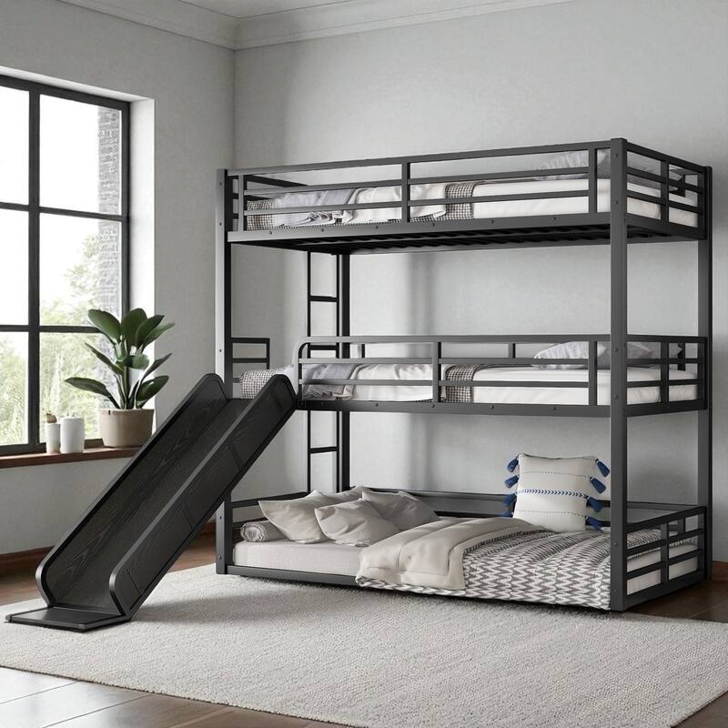 Metal Triple Bunk Bed with Slide, Twin XL/Full/Queen, Safety Guardrails, Quiet Slat Design, Heavy-Duty, Black