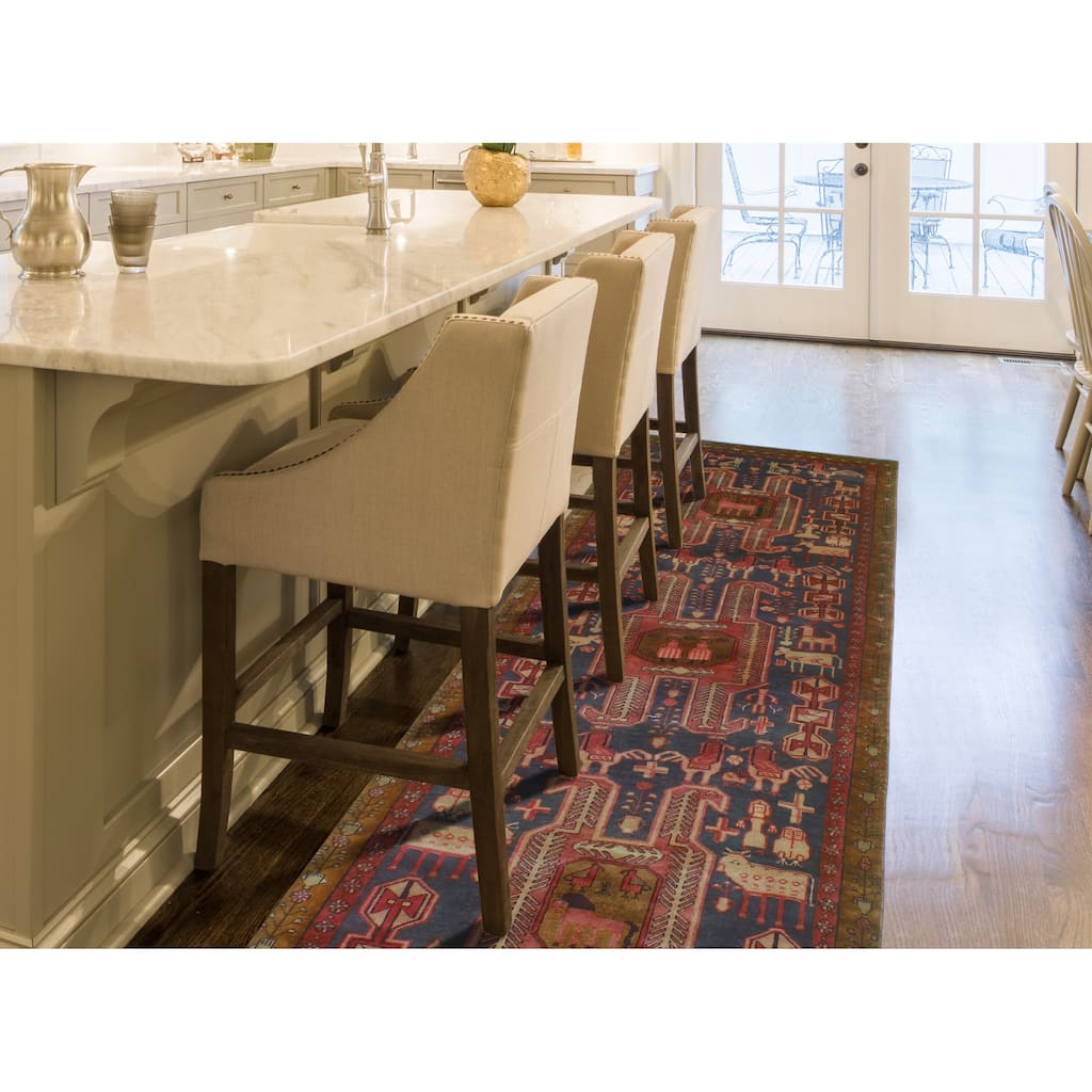 Fine Vintage Distressed Mercedes Navy/Burgundy Runner - 4'0" x 10'2"