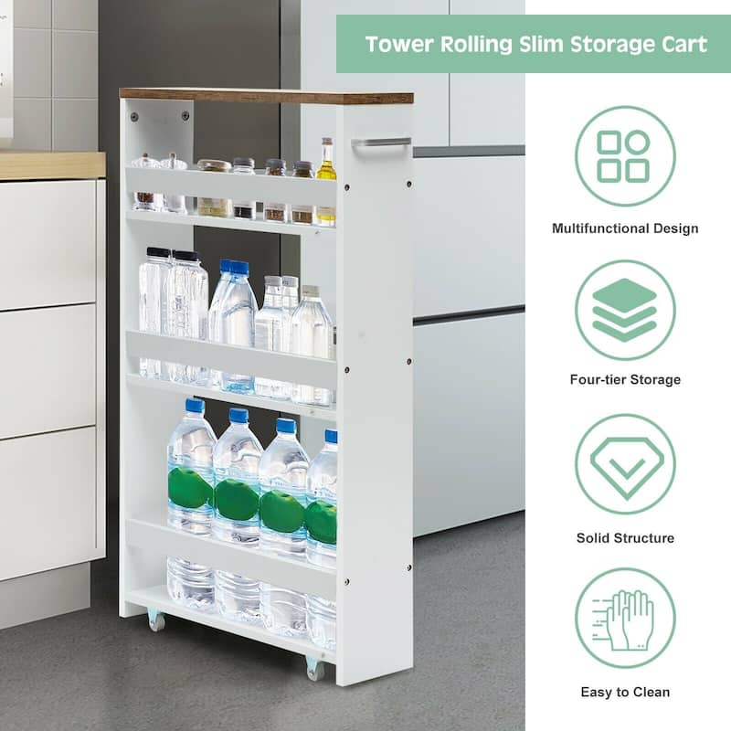 4 Tier Rolling Slim Storage Kitchen Organizer Cart with Handle - 19"L x 5.1"W x 31.5"H
