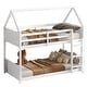 preview thumbnail 22 of 40, Wood Low Bunk Bed Twin Over Twin with House-shaped Bed Roof Frame, Ladder, Guardrails, Headboards and Footboards Floor Bed