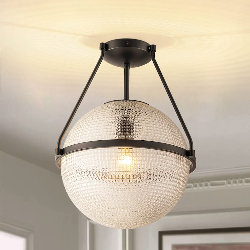 1-Light 14.17" Black/Gold Modern Textured Grid Glass Globe Semi-Flush Mount Light - Black