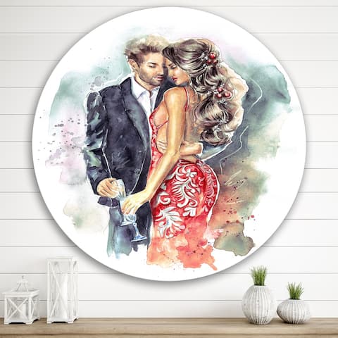 Designart 'Romantic Couple Ith Champagne Glasses At New Year' Traditional Metal Circle Wall Art