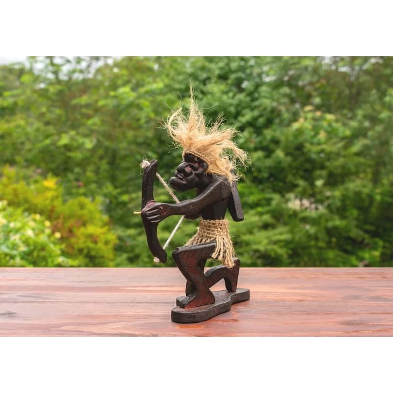 Handmade Wooden Primitive Tribal Kneeling Archer Funny Statue Sculpture Tiki Bar Handcrafted Unique Gift Art Home Decor Figur