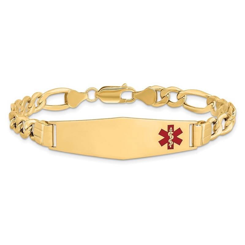 Curata 14k Yellow Gold 8" 13.5mm Engravable Medical Red Enamel Figaro Link ID Bracelet