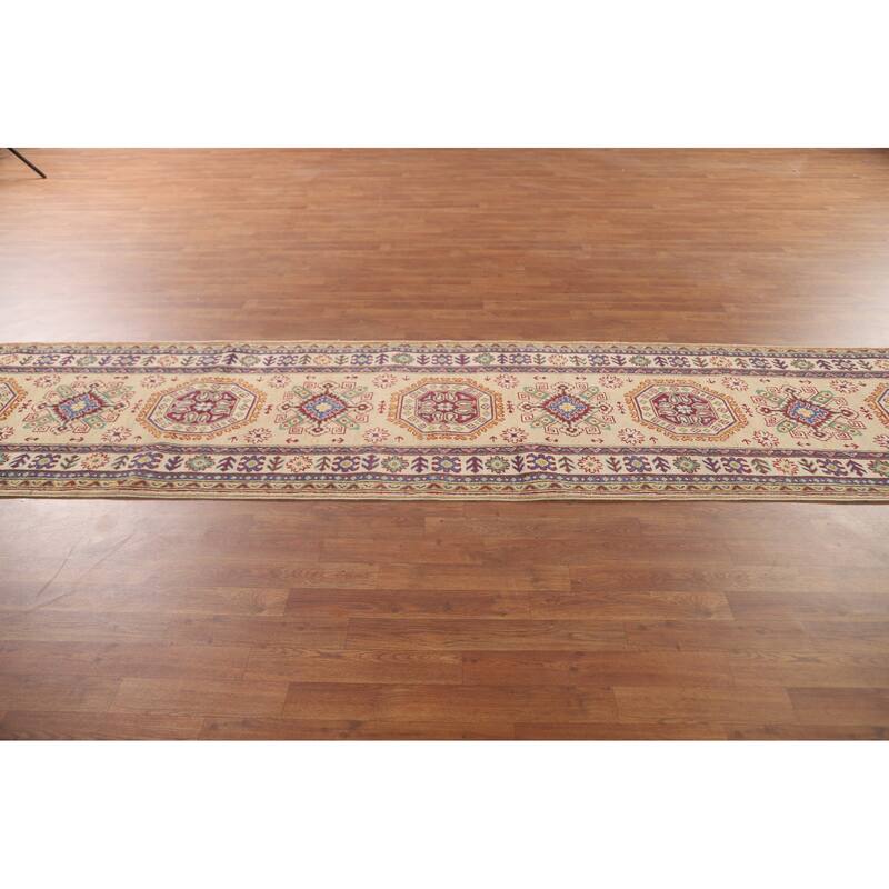 Geometric Kazak Runner Rug Hand-Knotted Yellow Wool Carpet - 2'10" x 13'0"