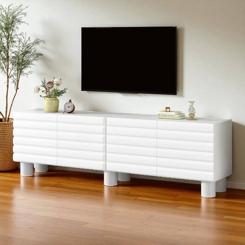 70.8 Inch Modern Cream TV Stand with Wavy Doors, 4 Cabinets, Adjustable Shelves, Cable Holes, Media Console for TVs Up to 75"