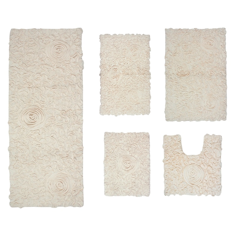 Bell Flower Collection 100% Cotton Non-Slip Bathroom Rug Set, Machine Washable Bath Rug, 5 Piece Bath Mat Set with Runner - Ivory