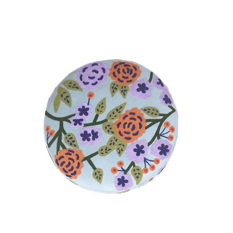 Handmade Floral Embroidered Round Pouf Ottoman - 18" - Blue and Orange