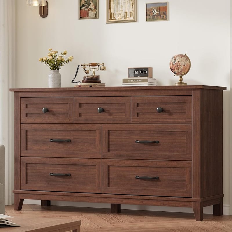 54 in 7 Drawer Wide Dresser with Storage for Living Room, Bedroom - Brown