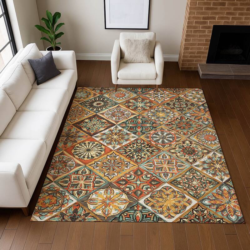 Machine Washable Indoor/ Outdoor Traditional Mosaic Chantille Rug
