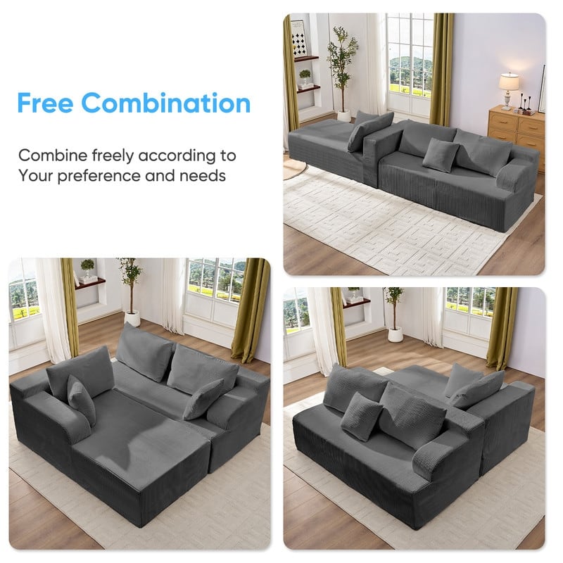 Mixoy 2-Pcs Free Combination Modular Sectional Sofas with Deep Seat,Corduroy L-Shaped Sofa with Chaise Lounge - 3-Seater