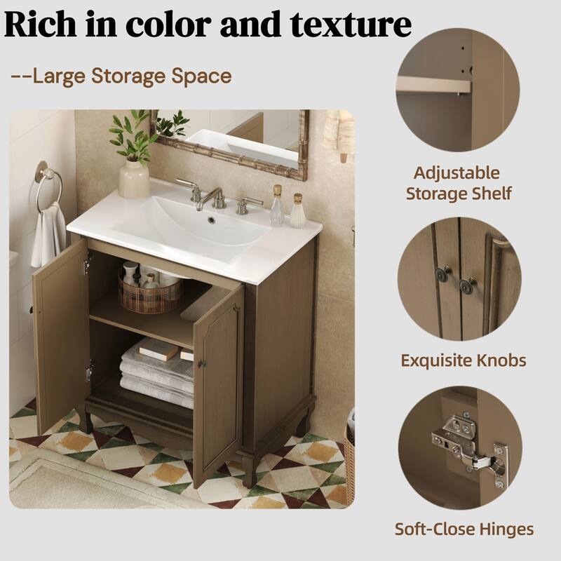 30" Vintage Bathroom Vanity with Ceramic Sink, Bathroom Vanity Cabinet with Antique Pulls, Bathroom Storage Cabinet