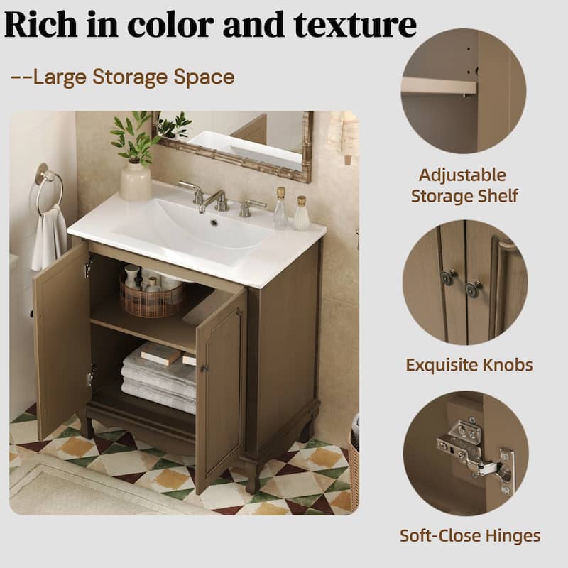 30-Inch Vintage Bathroom Vanity, Rectangle Ceramic Sink, 2 Doors, Solid Wood Legs and Adjustable Shelves