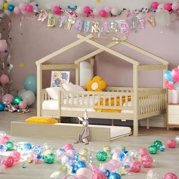 slide 2 of 9, Full Size Wooden House Bed With Twin Size Trundle for Home Natural