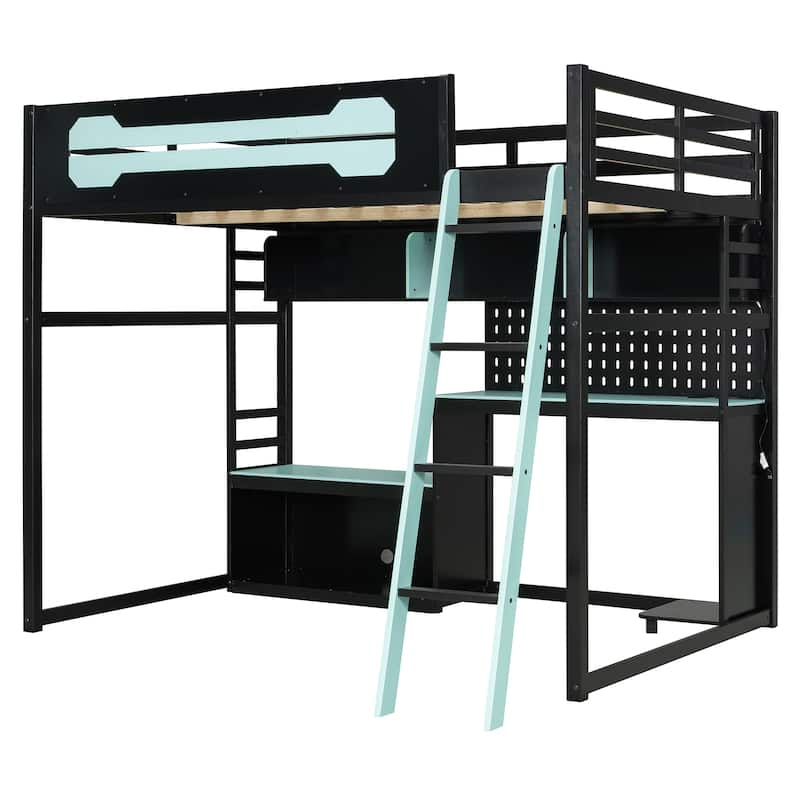 E-Sport Elite Full Size Loft Bed with RGB Lighting, Charging Station & Gaming Desk Hub by Harper&Bright Designs