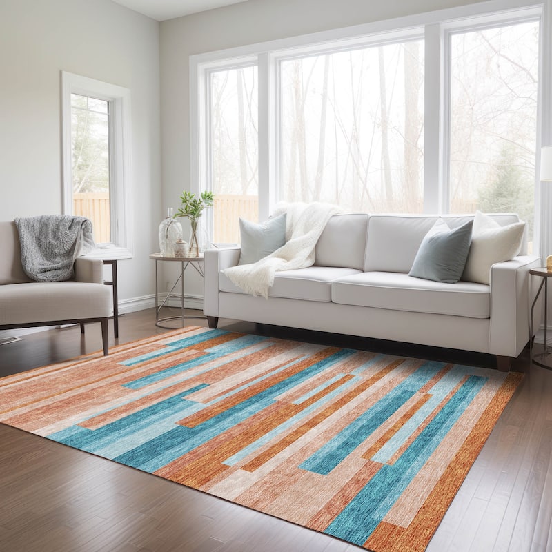 Machine Washable Indoor/ Outdoor Modern Stripes Chantille Rug