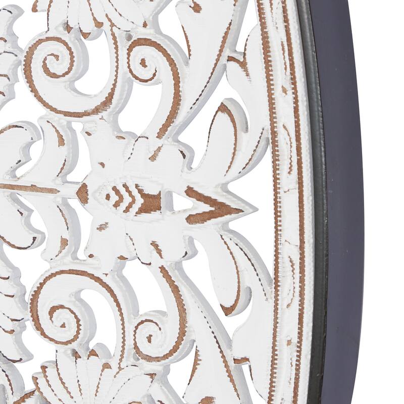 White Wooden Carved Design Floral Home Wall Decor with Ring Hanger (Set of 3)