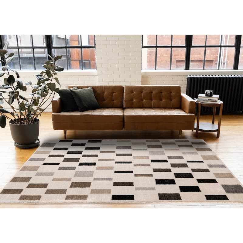 Black Grey White Taupe Rectangle Rows High-Traffic Rug