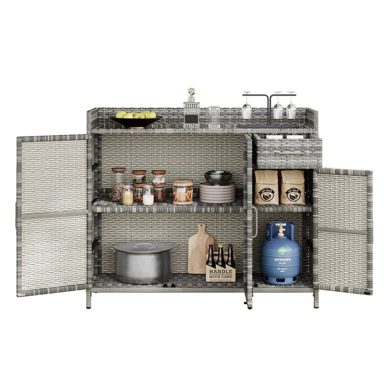 Wicker Storage Cabinet w/Tempered Glass Desktop, Weather-proof Rattan Bar Table, Kitchen Island w/Three Doors, Adjustable Shelf