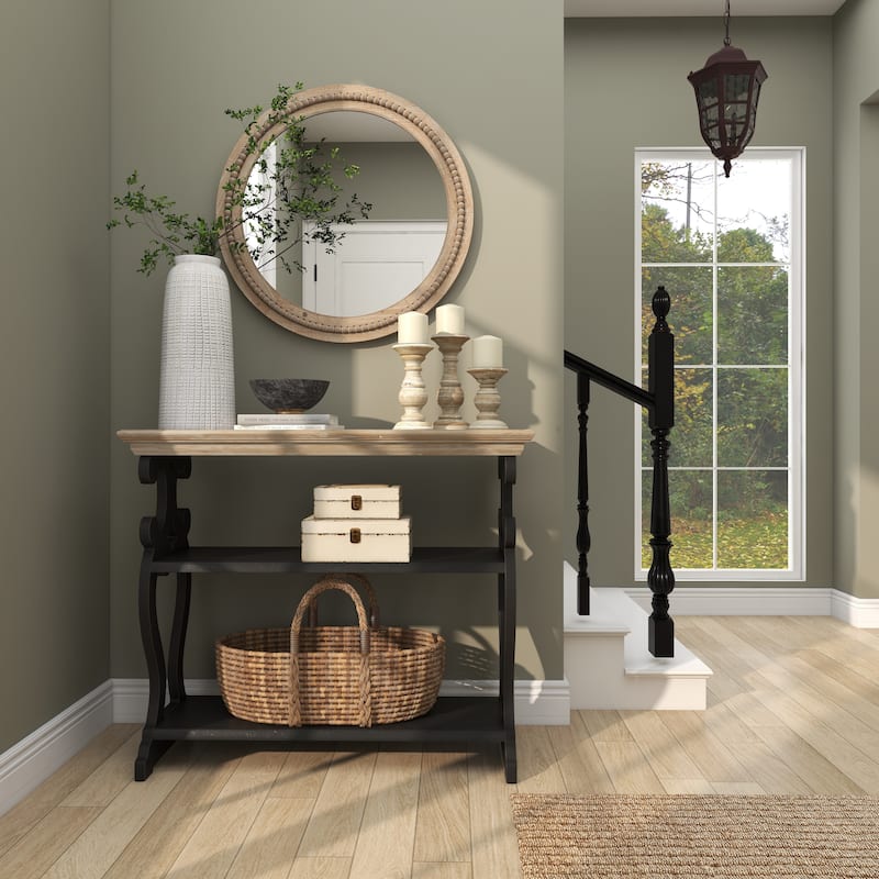White Wood Scroll Side Frames 2 Shelf Console Table with Brown Wood Top - White or Black