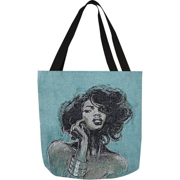 17" Aqua Blue and Black Melody 1 African American Art Woven Tote Bag - N/A