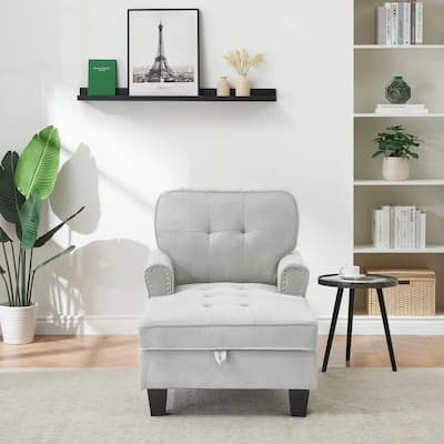 Gray+Beige Tufted Chaise Lounge Chair with Storage