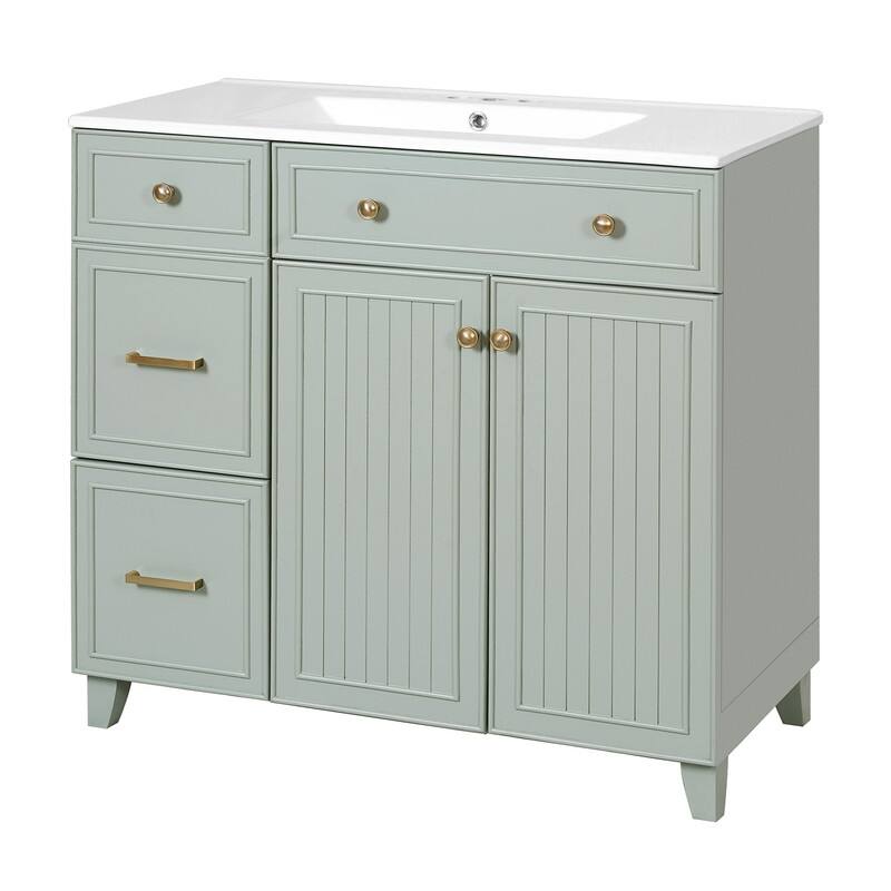 Transitional Style 36-inch Bathroom Vanity with Ceramic Sink, 2 Soft-Close Doors Freestanding Cabinet with 2 Drawers