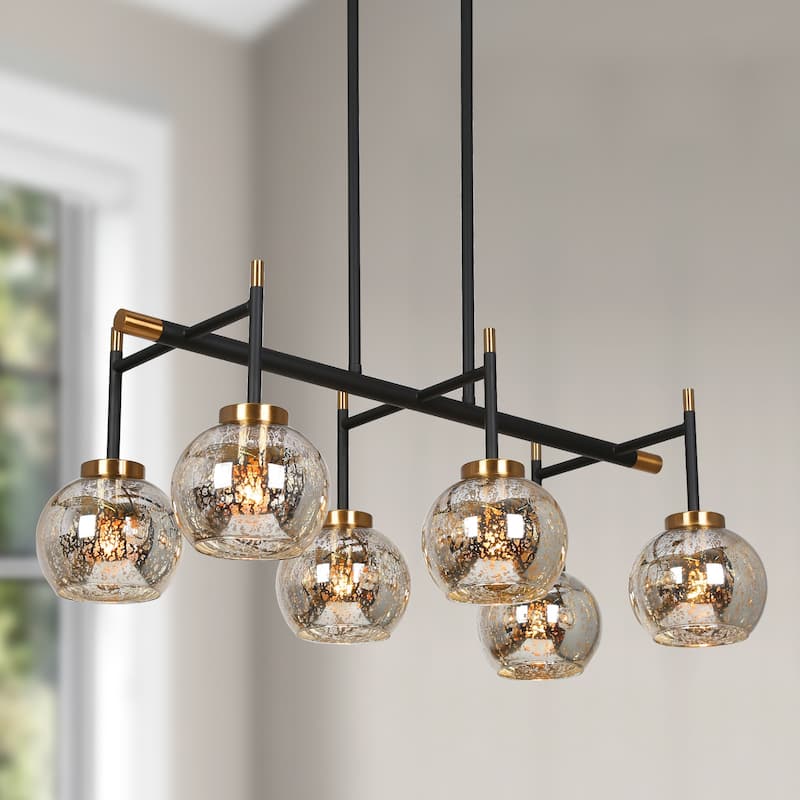 Modern Farmhouse 6-Light Black Gold Linear Chandelier Island Lights with Mercury Glass - 27.5" L x 14.5" W x 10" H