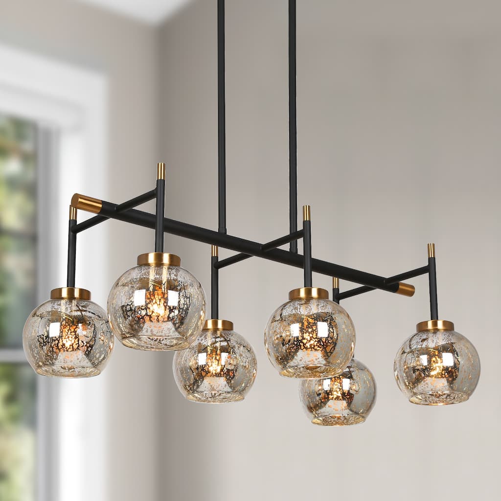 Modern Farmhouse 6-Light Black Gold Linear Chandelier Island Lights with Mercury Glass - 27.5" L x 14.5" W x 10" H