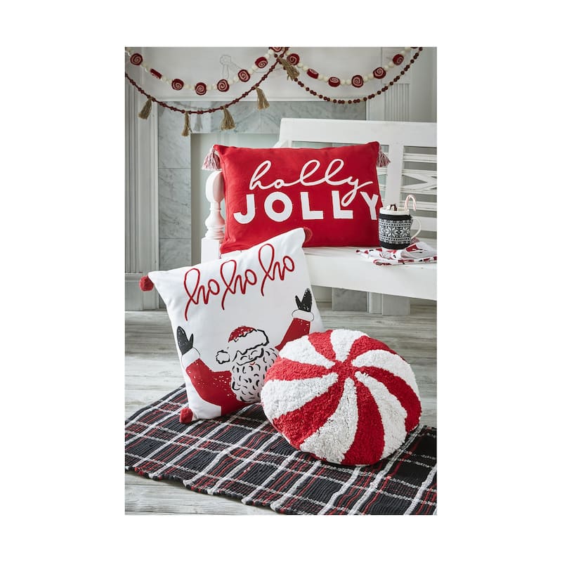 20"x20" Christmas White Ho Ho Ho Santa Cotton with Pom Poms Accent Decorative Throw Pillow Poly Filled Removable Insert Square