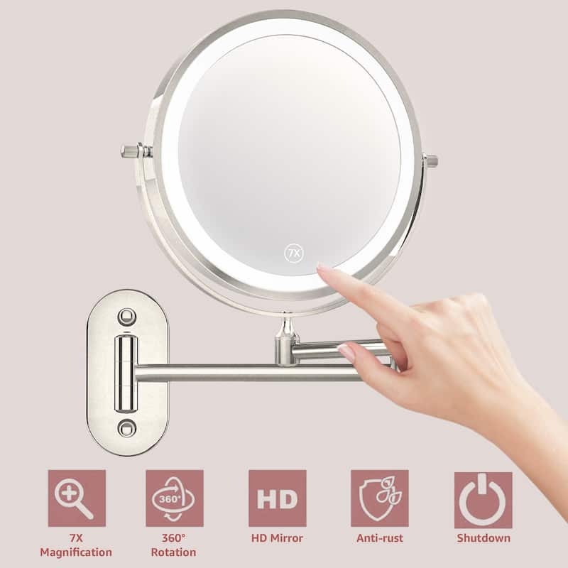 Yulika Rechargeable Lighted Wall Mounted Makeup Mirror with 3 Color Lights Double Sided 1X/10X or 1X/7X