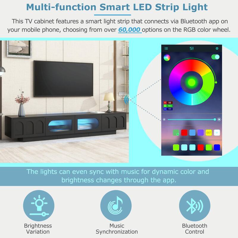 Functional TV Stand with Arched Cabinet Doors, Entertainment Center with APP-Controlled Smart LED Light