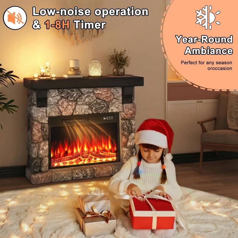 BOSSIN 36" /40" Electric Fireplace with Mantel, 23 inch Electric Fireplace Insert, TV Stand Freestanding Heater Flame Faux Stone