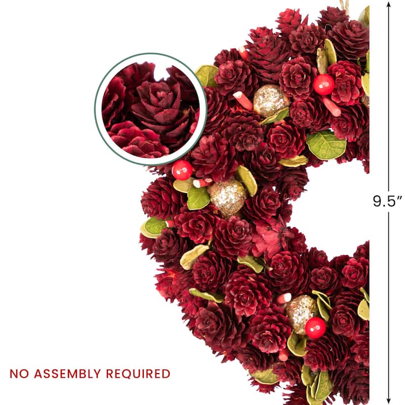 Red Gold Pine Cone Ornament Artificial Christmas Wreath, 9.5", Unlit