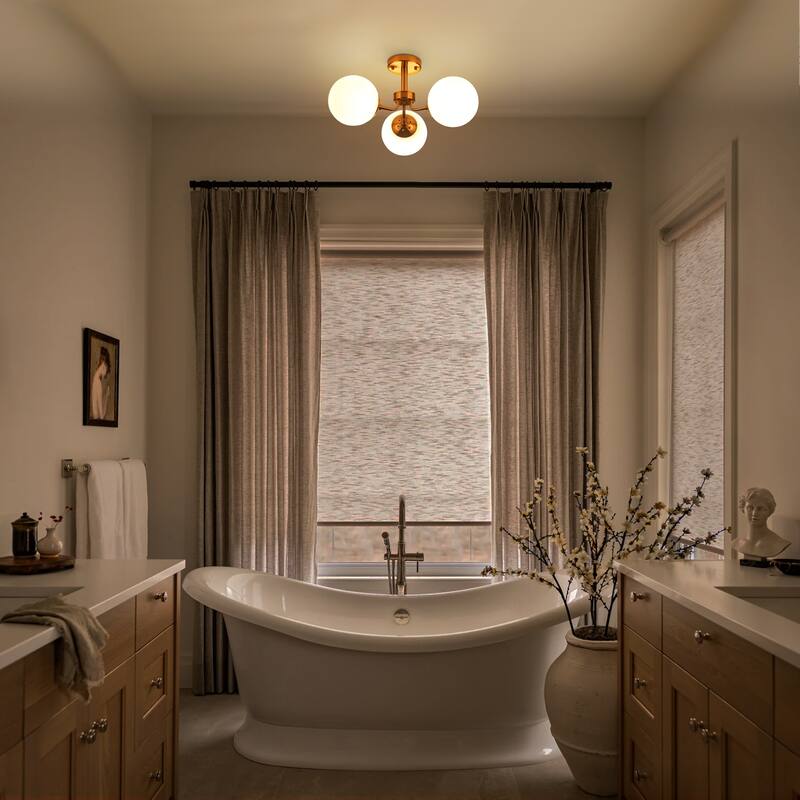 23.2" W 3-Light Bohemian Farmhouse Gold/White Sputnik Frosted Opal Bubble Glass Semi-Flush Mount Ceiling Light