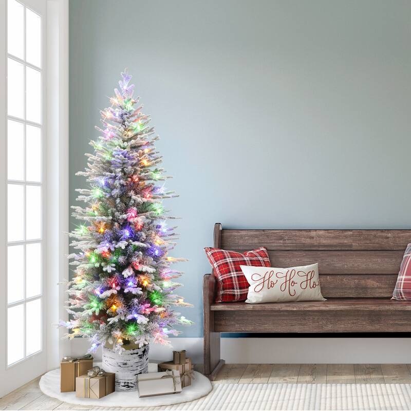 6' LED Pencil Flocked Arctic Fir Artificial Tree Color Select Lights - 6 Foot