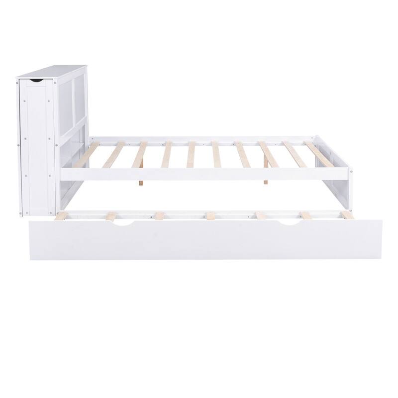 Wooden Storage Platform Bed with Bookcase Headboard, Full/Queen Bed Frame with Twin Size Trundle and Pull Out Shelves