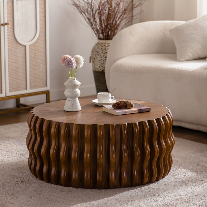 Drum Fluted Modern Round Coffee Table, Mid Century Circle Center Coffee Tables with Sturdy Pedestal - Natural Wood