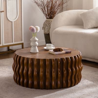 Drum Fluted Modern Round Coffee Table, Mid Century Circle Center Coffee Tables with Sturdy Pedestal